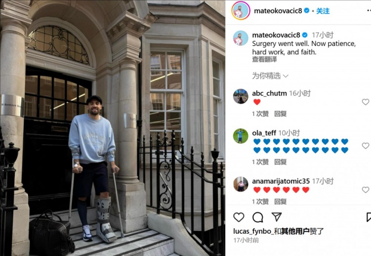 科瓦西奇社媒曬照報平安，順利接受跟腱手術(shù)預計將傷缺3個月
