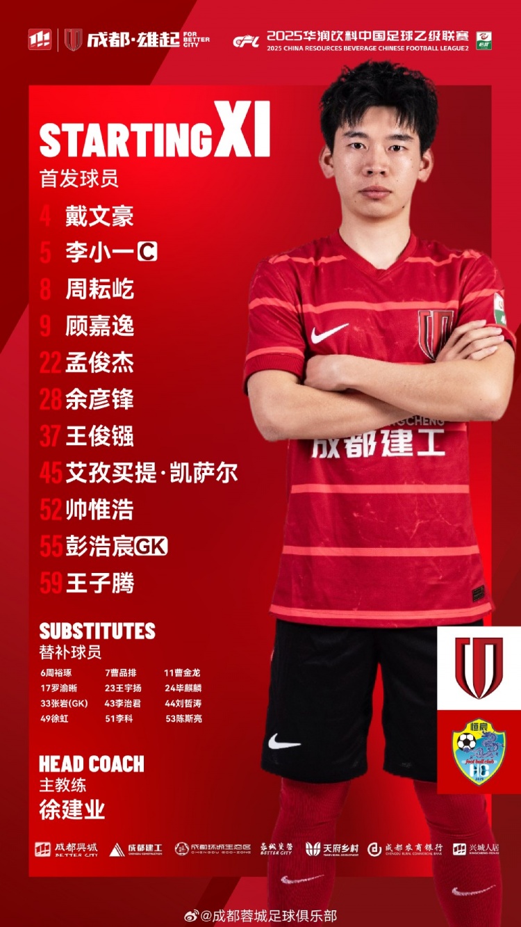 中乙聯(lián)賽成都蓉城B隊(duì)vs廣西恒宸比賽首發(fā)名單出爐！