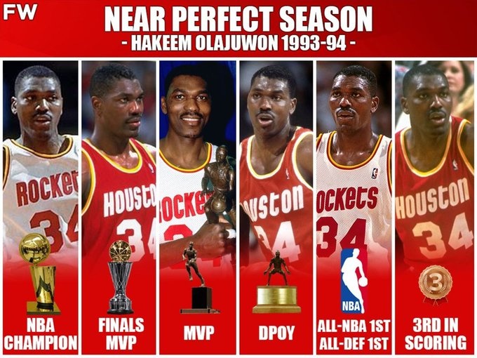 歷史單季最強(qiáng)表現(xiàn)？美媒曬大夢93-94賽季各種斬獲：FMVP&MVP&DPOY