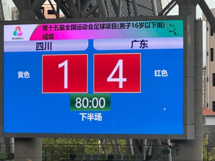 全運會男足U16決賽第1輪：四川1-4廣東 遼寧0-2江蘇 陜西0-0浙江