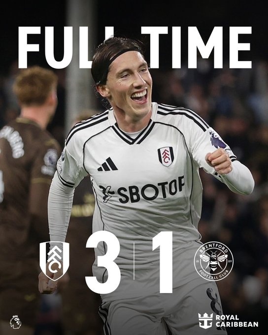 英超富勒姆3-1布倫特福德，伊沃比傳射、哈里-威爾遜破門