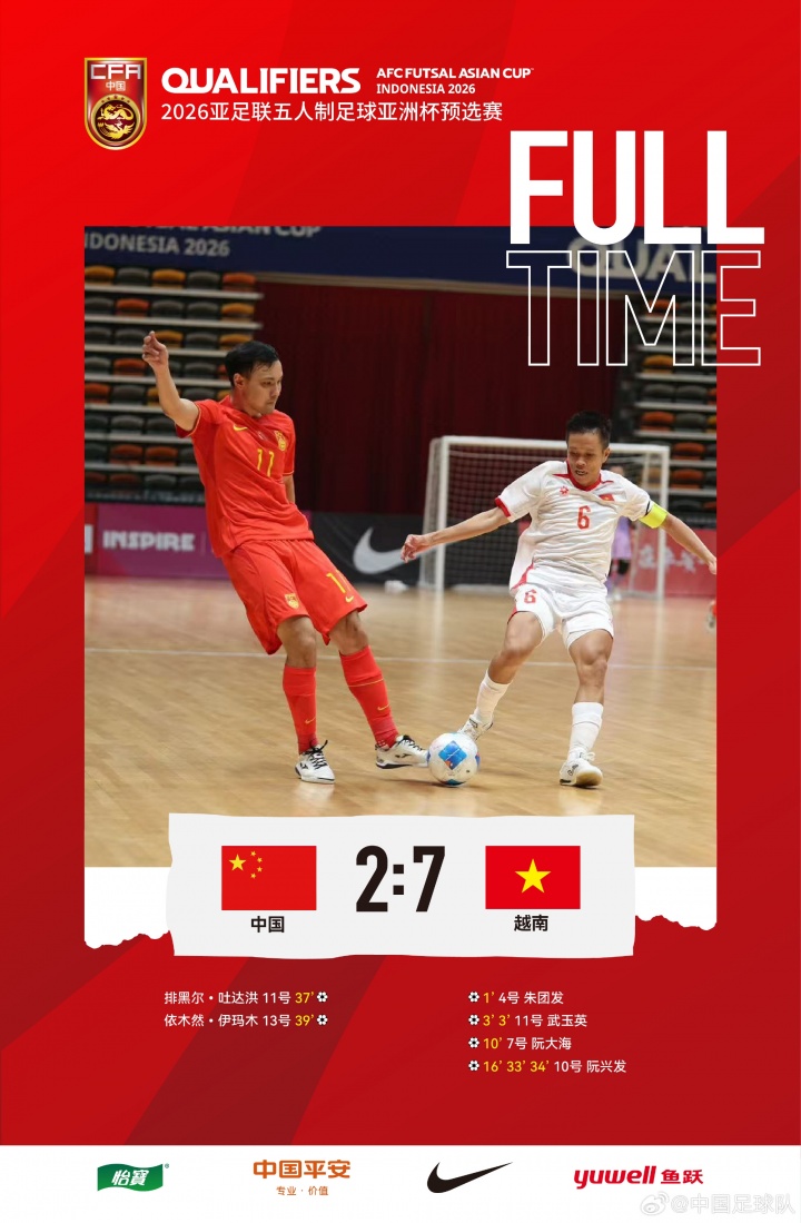 2026五人制亞洲杯預(yù)賽E組第二輪，中國隊2比7負(fù)于越南隊